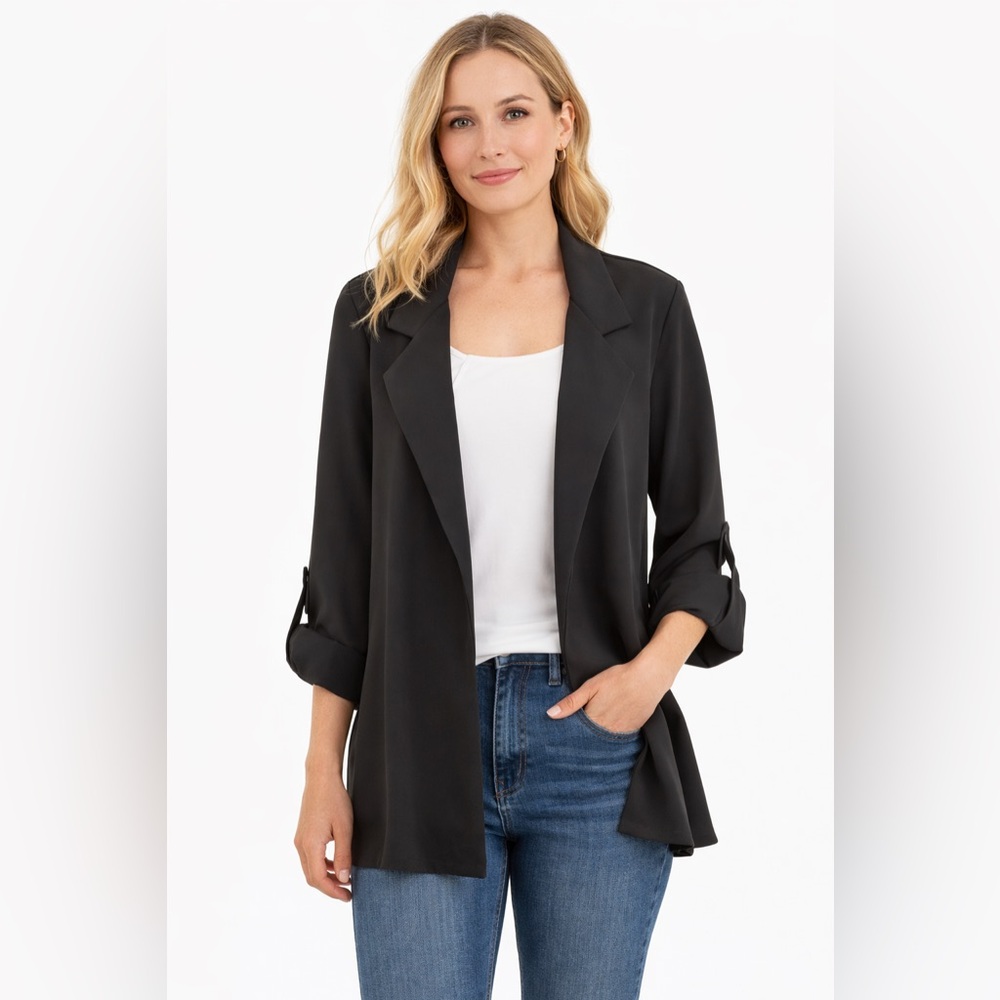 Black Open Front Blazer Jacket | Lightweight Roll Tab Sleeve | Size S